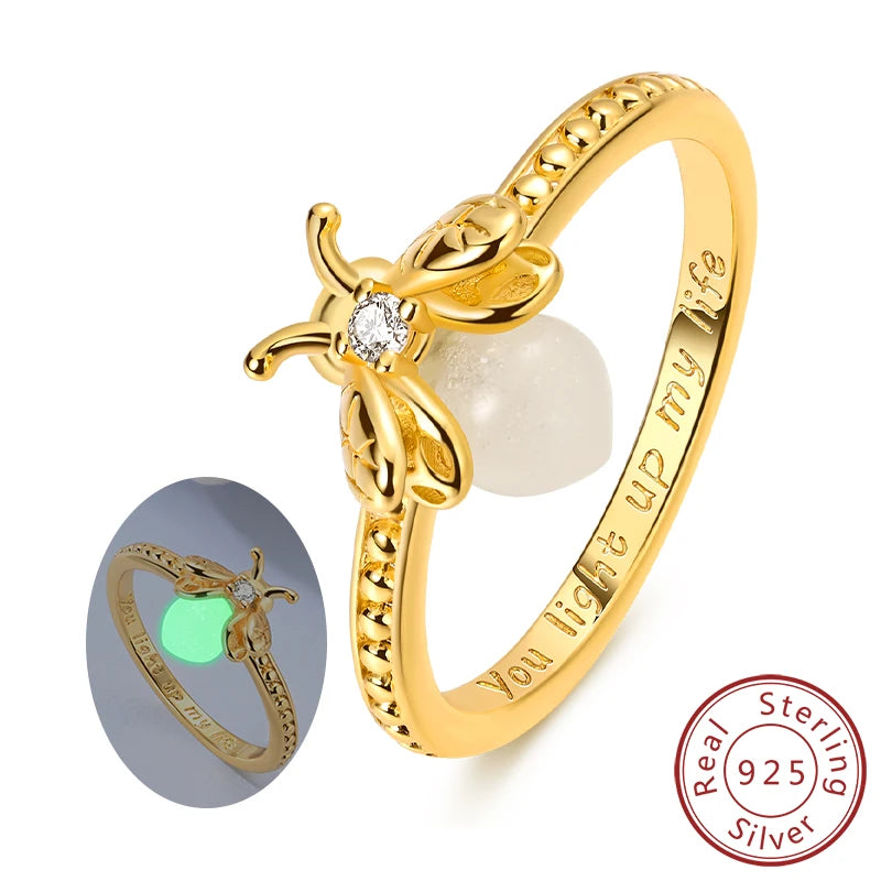 Rings 925 Sterling Silver Gold Star Moon Heart Watch Firefly Ring Adjustable Ring for Original Women Girl Fashion Jewelry Gifts