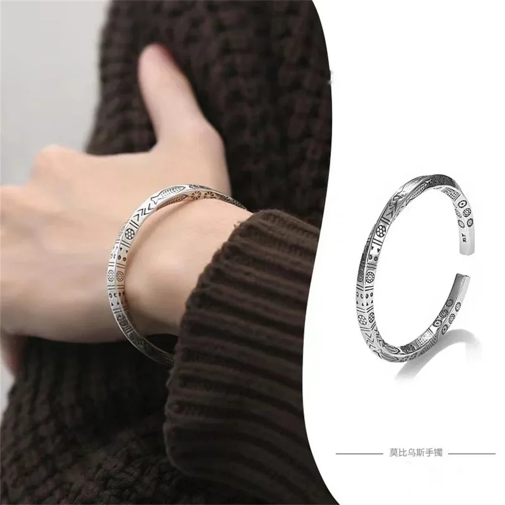 925 Sterling Silver Men Open Bracelet Bohemian mobius Loop Bracelet For Women Totem Trendy Jewelry Accessories