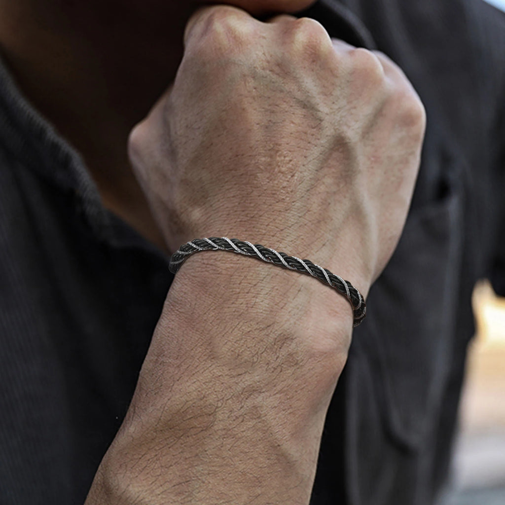 Vnox New Fashion Black Silver Color Stainless Steel Twisted Rope Chain Bracelets, Simple Punk Rock Wristband Jewelry