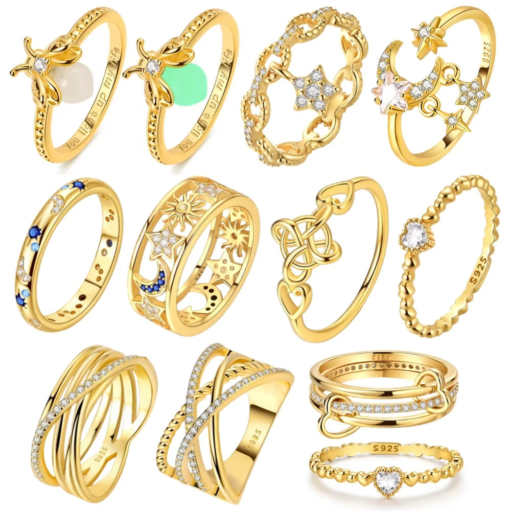 925 Sterling Silver Original Rings Crown Love Heart Sun Moon Engagement Wedding Pink Bow Ring Luxury  For Women Jewelry Gitf