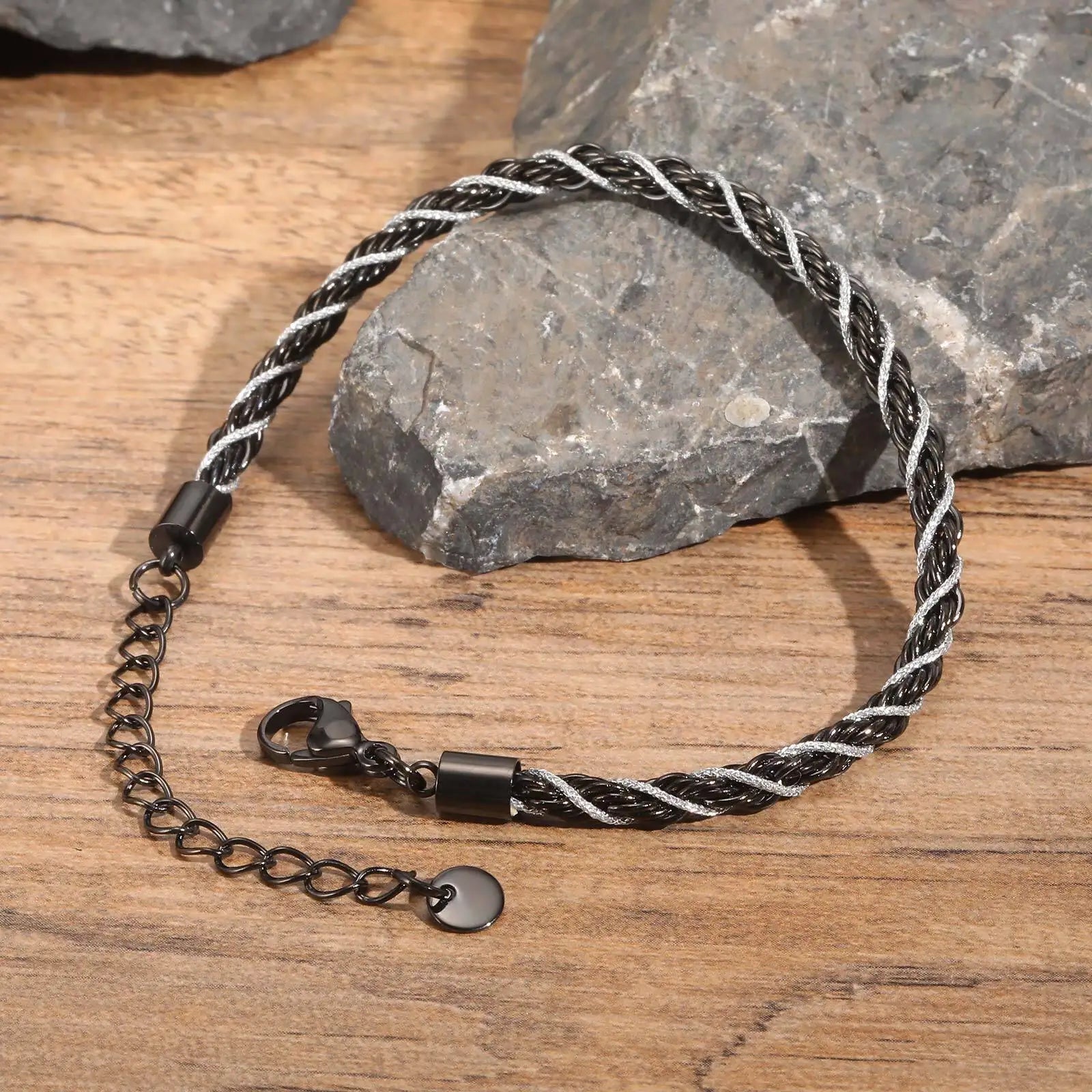 Vnox New Fashion Black Silver Color Stainless Steel Twisted Rope Chain Bracelets, Simple Punk Rock Wristband Jewelry