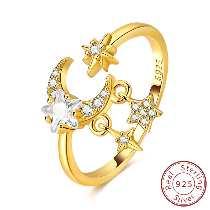 Rings 925 Sterling Silver Gold Star Moon Heart Watch Firefly Ring Adjustable Ring for Original Women Girl Fashion Jewelry Gifts