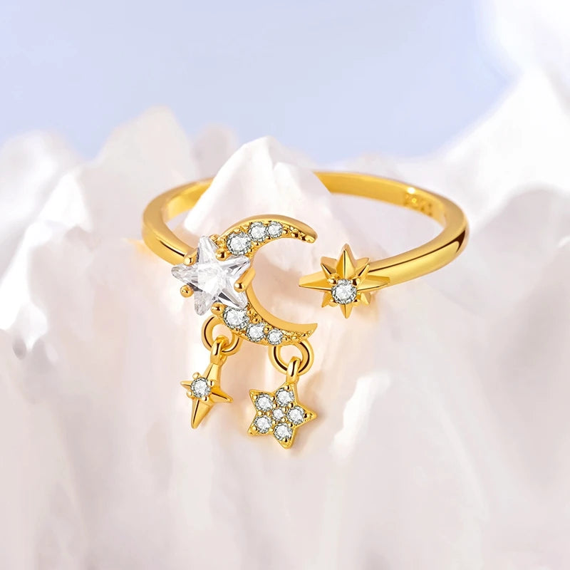 Rings 925 Sterling Silver Gold Star Moon Heart Watch Firefly Ring Adjustable Ring for Original Women Girl Fashion Jewelry Gifts