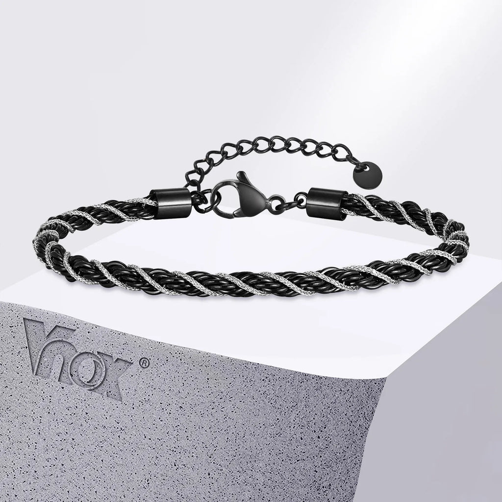 Vnox New Fashion Black Silver Color Stainless Steel Twisted Rope Chain Bracelets, Simple Punk Rock Wristband Jewelry