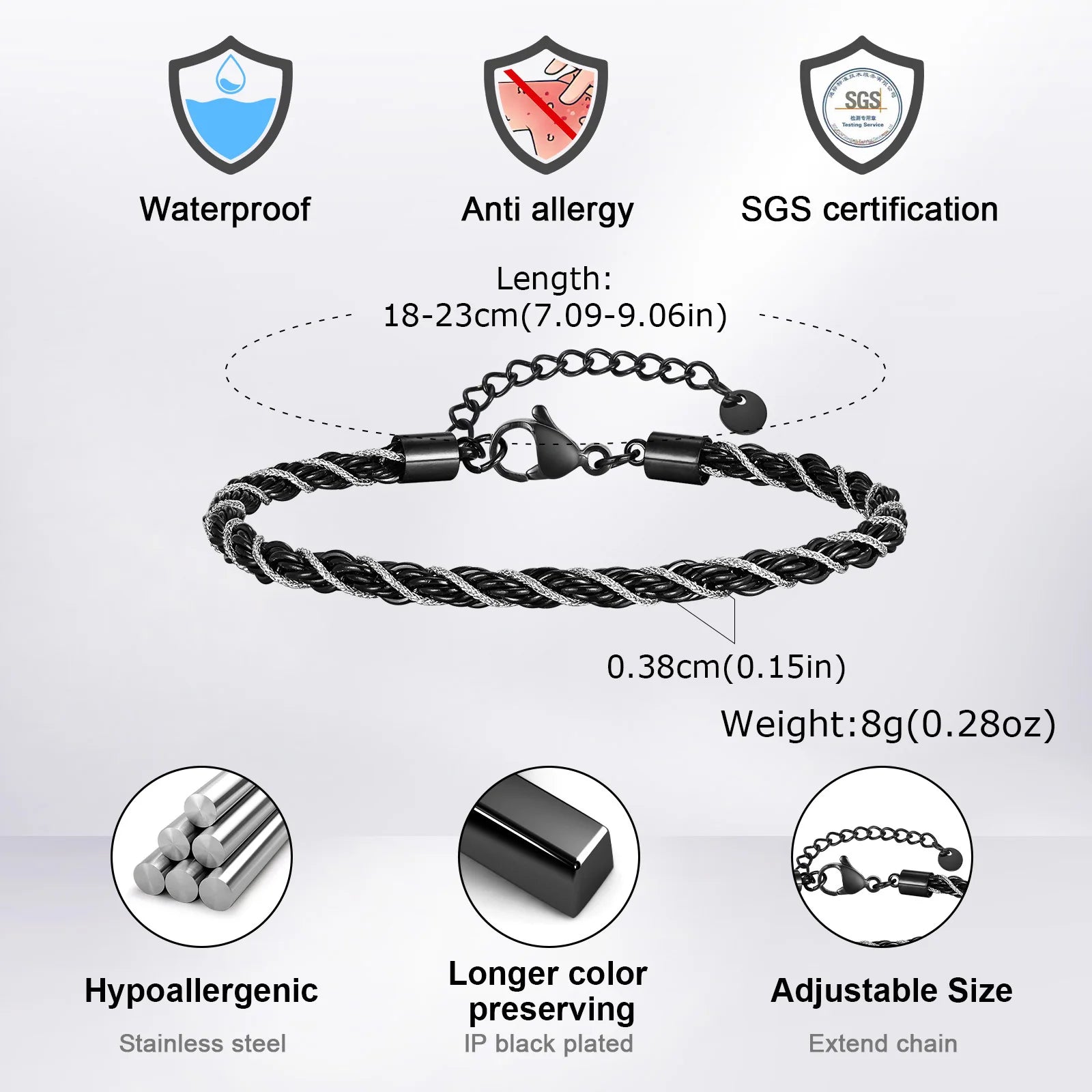 Vnox New Fashion Black Silver Color Stainless Steel Twisted Rope Chain Bracelets, Simple Punk Rock Wristband Jewelry