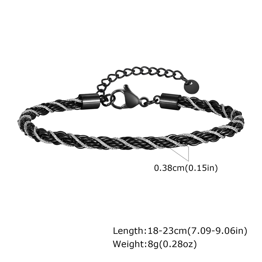 Vnox New Fashion Black Silver Color Stainless Steel Twisted Rope Chain Bracelets, Simple Punk Rock Wristband Jewelry