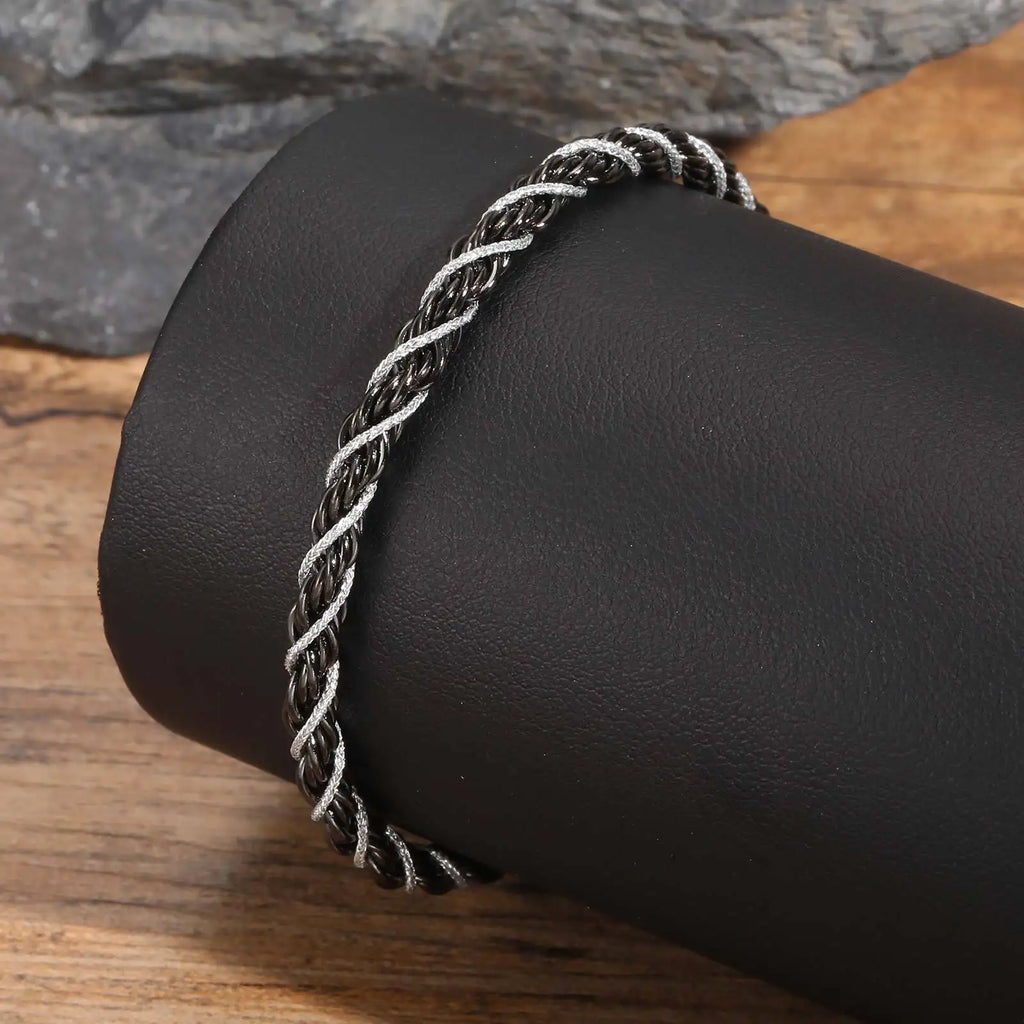 Vnox New Fashion Black Silver Color Stainless Steel Twisted Rope Chain Bracelets, Simple Punk Rock Wristband Jewelry