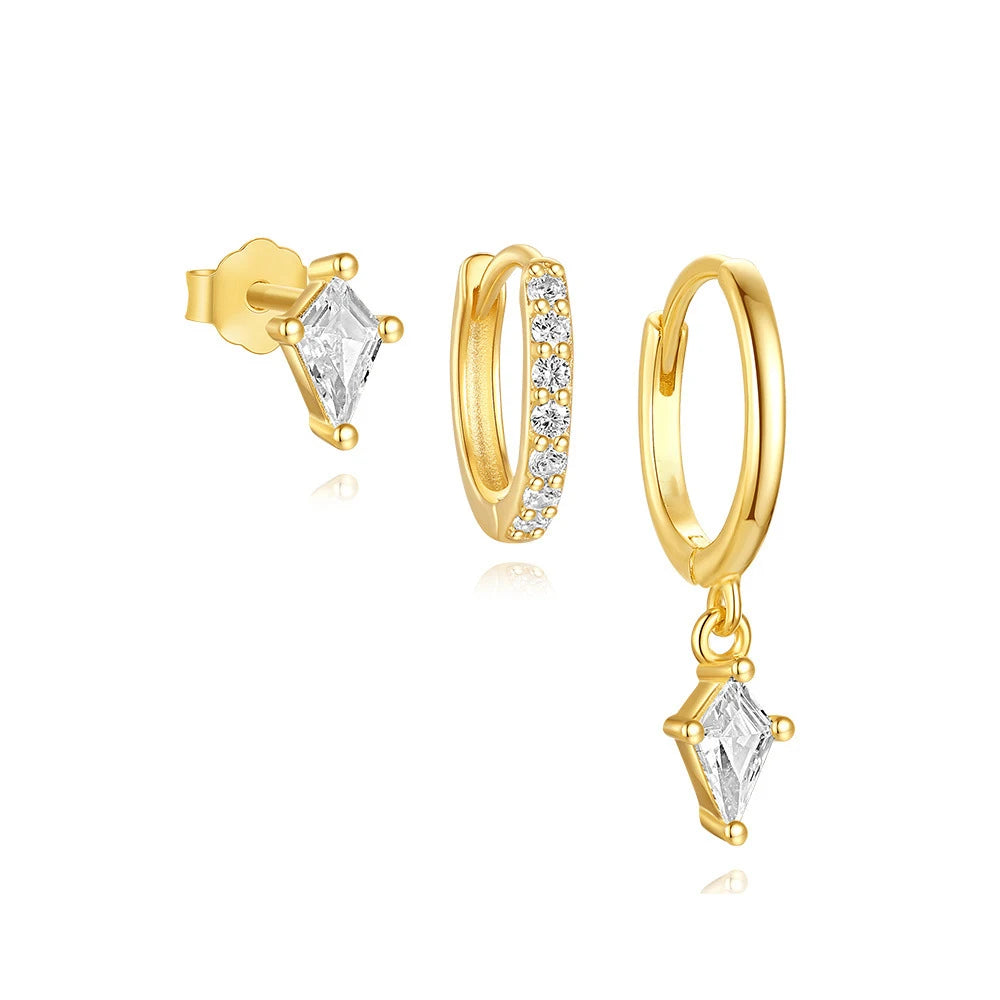 3 יחידות עגילי חישוק תלויים ייחודיים עם זירקונים מעוקבים לנשים עגילי חישוק זעירים עם 3 חורים לא תואמים באוזן